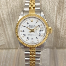 銀座本店で、ロレックスのレフ番が69173のローマ数字のインデックスで10Pダイヤモンドのコンビカラーのデイトジャスト自動巻き腕時計を買取いたしました。状態は通常使用感があるお品物です。