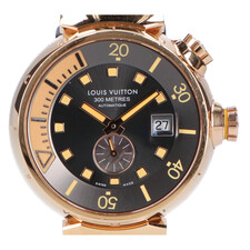 大阪心斎橋店の出張買取にて、ルイヴィトンのK18イエローゴールドが使用された、スモールセコンド搭載のタンブールダイビング自動巻きラバーベルト腕時計・Q1030を高価買取いたしました。状態は通常使用感のお品物です。