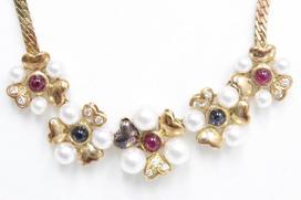ミキモトのパール　カラーストーン　0.21ct　ダイヤモンド付き　フラワーモチーフ　5連ネックレスの買取実績です。