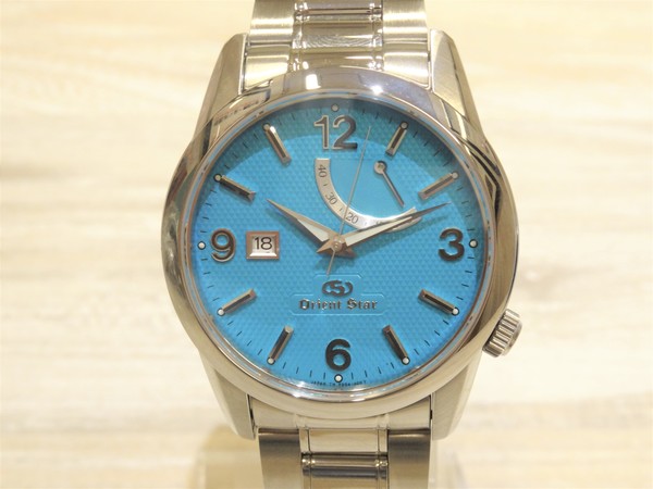 オリエントのFD0A-CA　ブルー文字盤　パワーリザーブ　自動巻き腕時計の買取実績です。