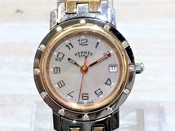 エルメスのCL4 222 クリッパーナクレPM シェル文字盤 12Pダイヤ　腕時計の買取実績です。