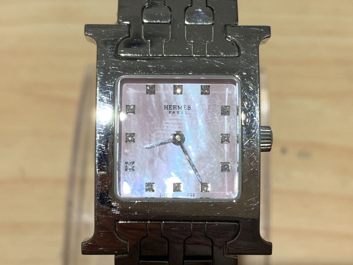 エルメスのピンクシェル　Hウォッチ（HH1.21）　クオーツ時計の買取実績です。