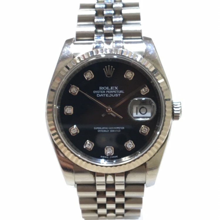 ロレックスのデイトジャスト Ref.116234G SS×WG 10Pダイヤ 黒文字盤 自動巻き時計の買取実績です。