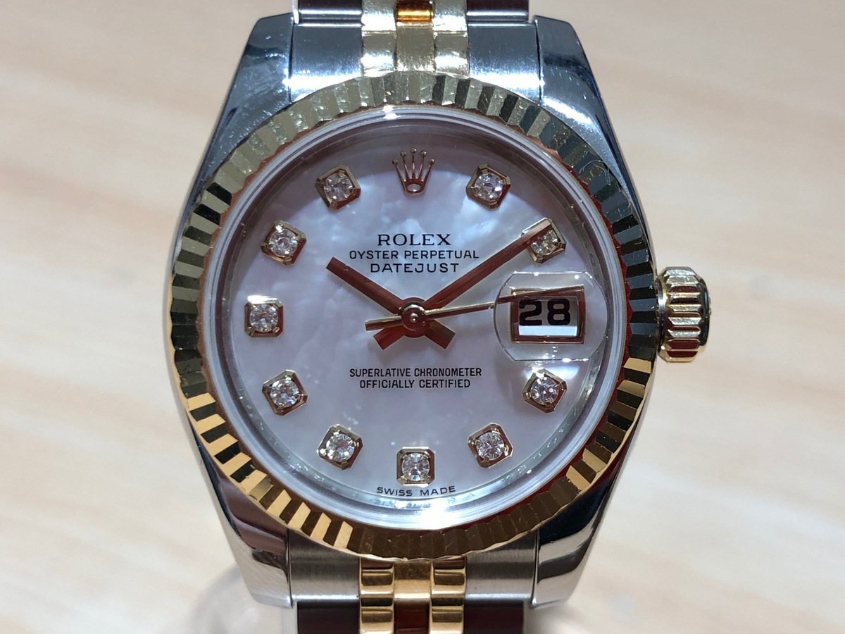 ロレックスのデイトジャスト ホワイトシェル ref:179173G ランダム品番 自動巻き時計の買取実績です。