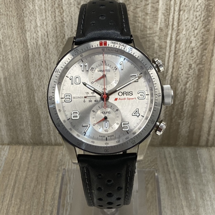 オリスの7661-74 アウディスポーツリミテッドエディションのクロノグラフ デイト シースルーバック仕様 自動巻き腕時計の買取実績です。