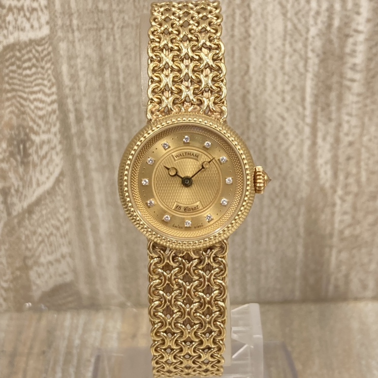 ウォルサムの750YG素材 12Pダイヤモンド 91950 バックスケルトン仕様 手巻き金無垢腕時計の買取実績です。