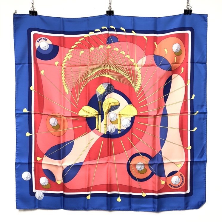 銀座本店で、エルメスのSWING ゴルフクラブ柄 シルクスカーフ カレ90を