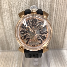 銀座本店で、ガガミラノのREF.6091のマヌアーレスケルトン自動巻きラバーベルト時計を買取いたしました。状態は傷などなく非常に良い状態のお品物です。