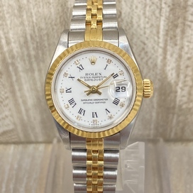 エコスタイル銀座本店で、ロレックスのレフ番が69173のローマ数字のインデックスで10Pダイヤモンドのコンビカラーのデイトジャスト自動巻き腕時計を買取いたしました。