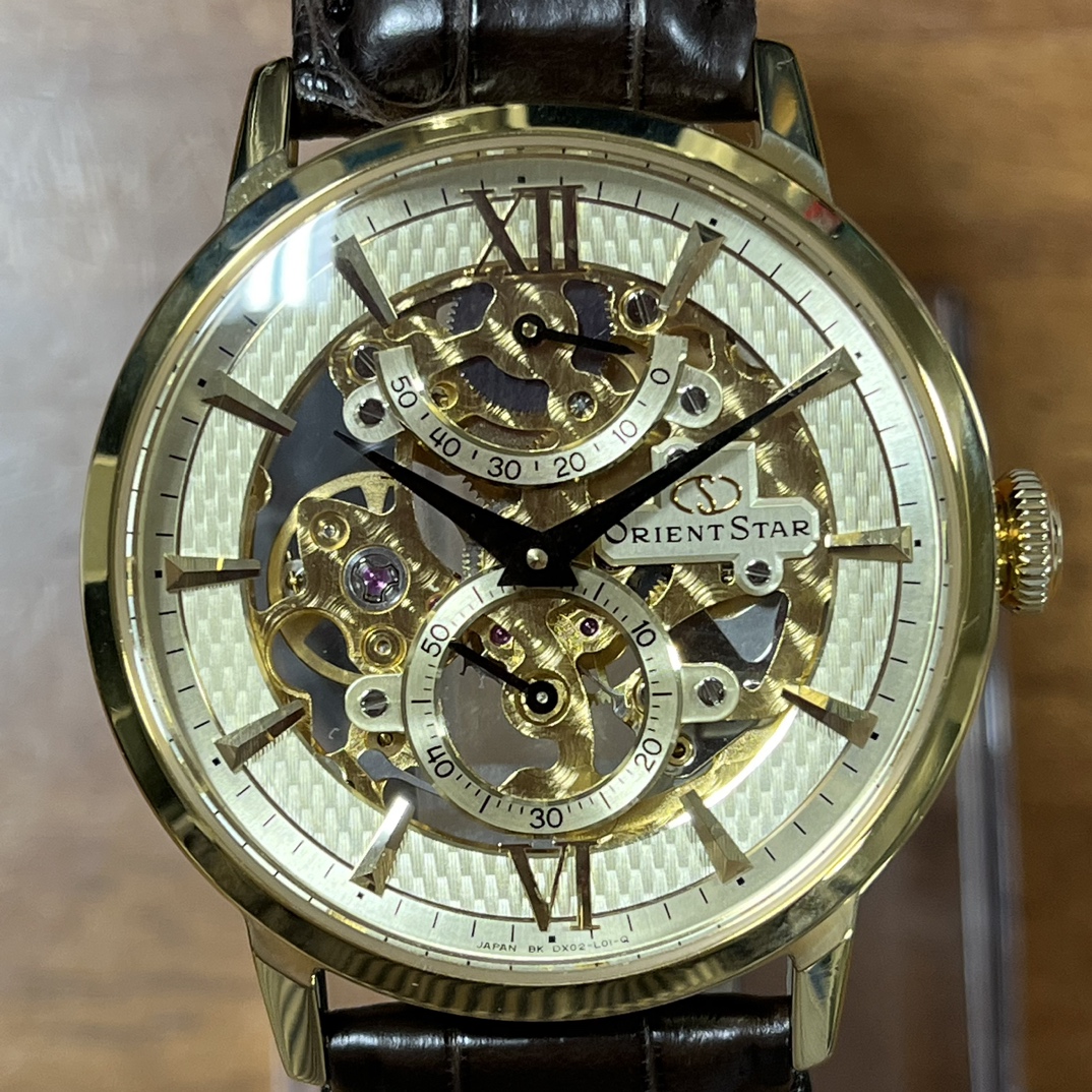 オリエントのWZ0011DX メカニカルクラシックコレクション ゴールド ヴィンテージスケルトン 自動巻き時計の買取実績です。