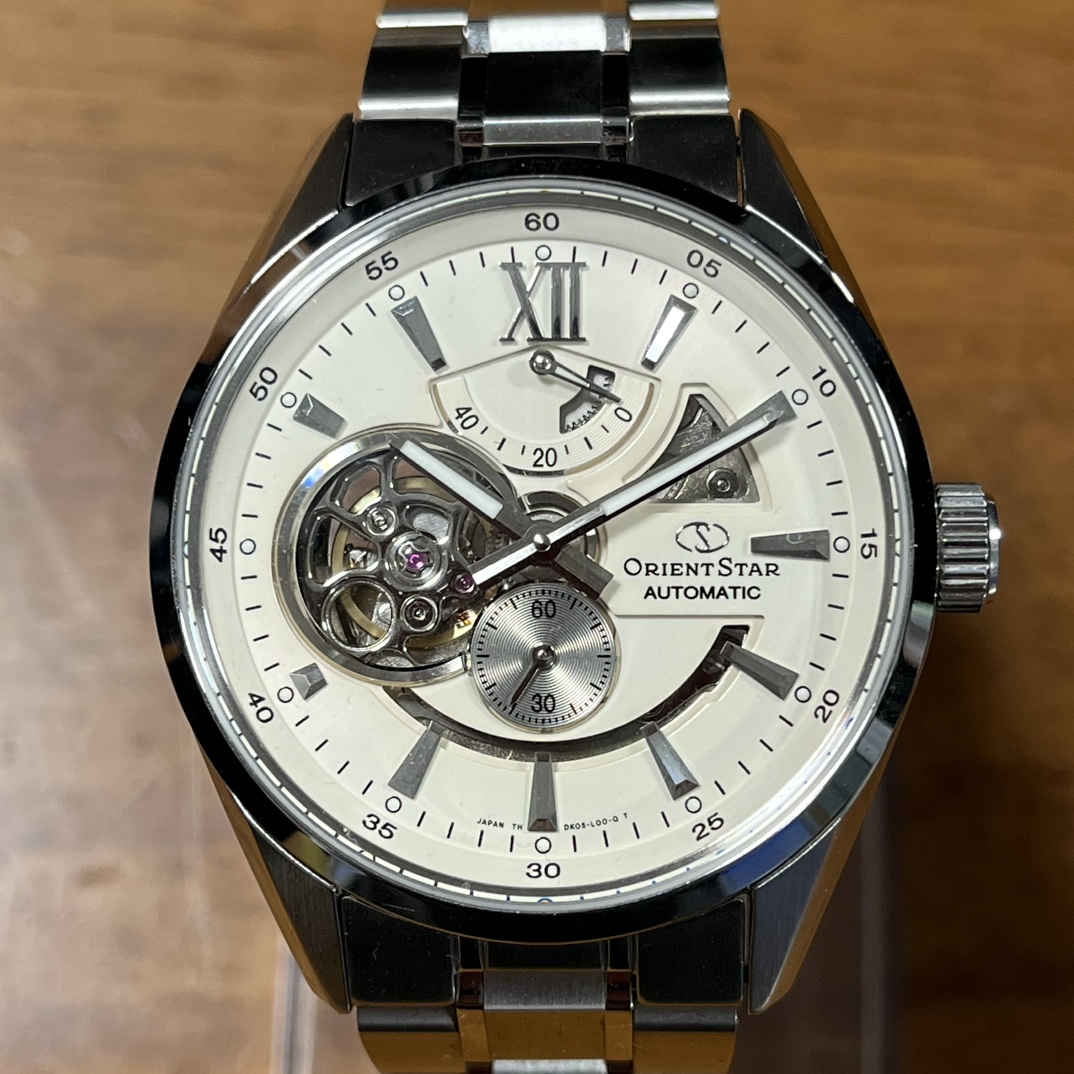 オリエントのWZ0281DK モダンスケルトン パワーリザーブ シースルーバック 手巻き付自動巻き腕時計の買取実績です。