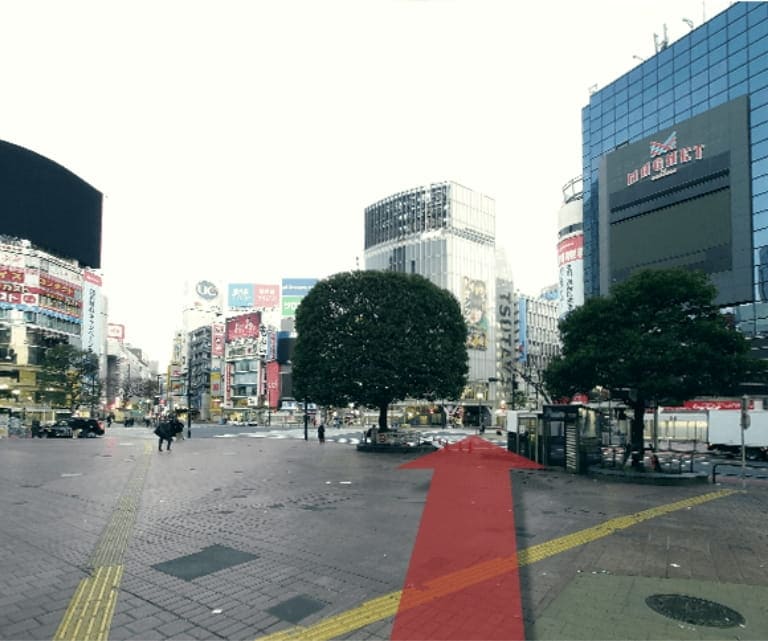 JR渋谷駅ハチ公前スクランブル交差点をTUTAYA側に渡ってください。