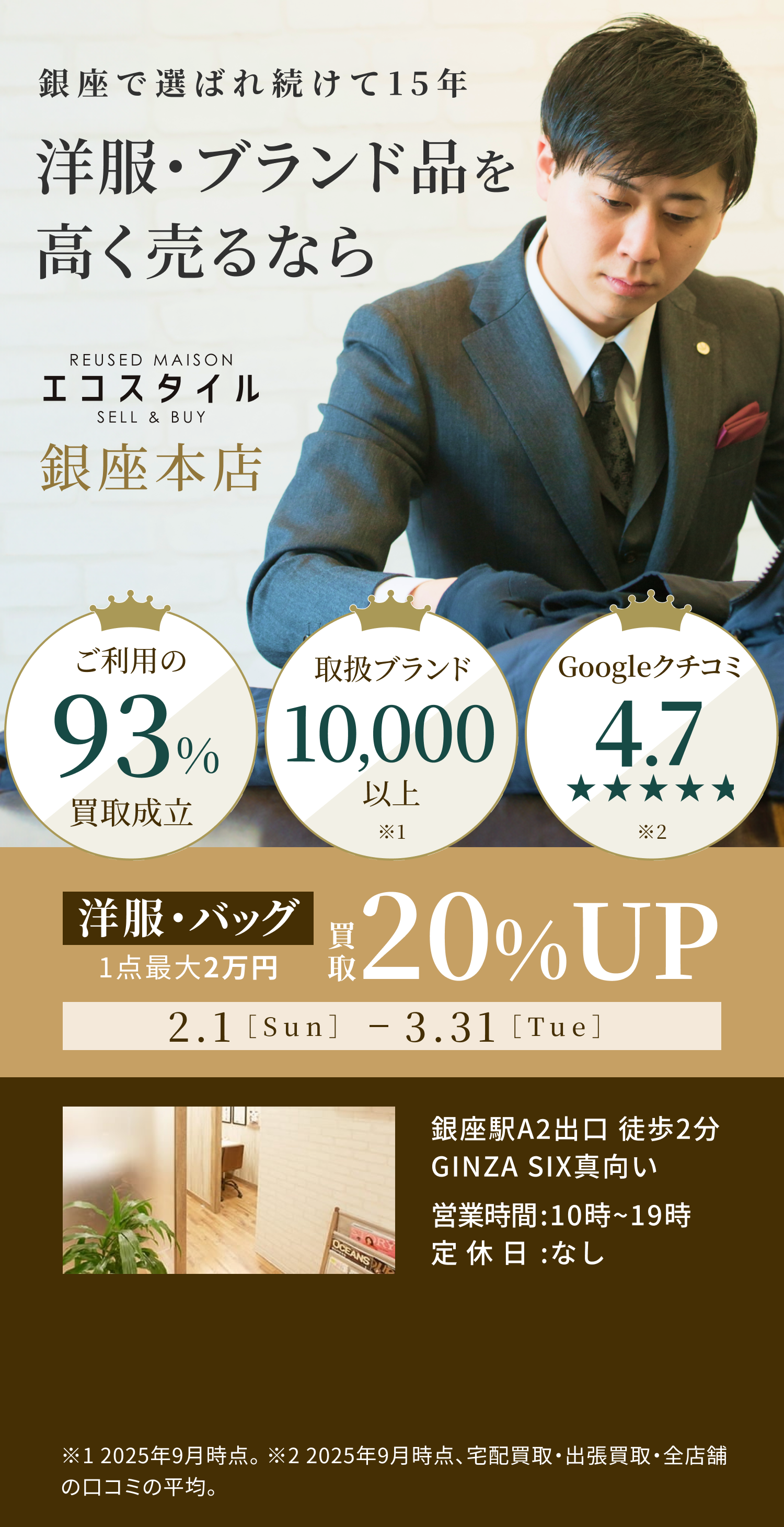 銀座で選ばれ続けて15年　洋服・ブランド品を高く売るならエコスタイル銀座本店 ご利用の93%買取成立 取扱ブランド10,000以上 google口コミ4.7